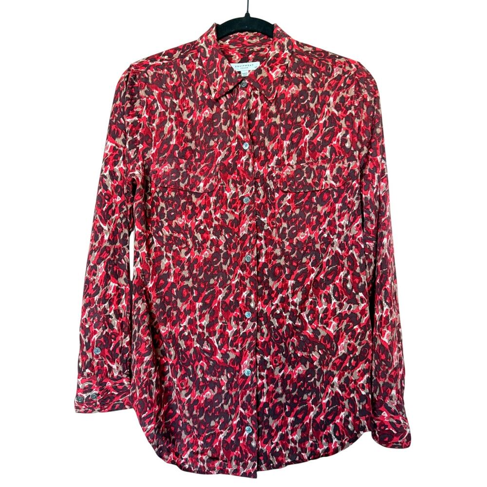 Equipment Femme S Red Burgundy Leopard Animal Print Viscose Button Down